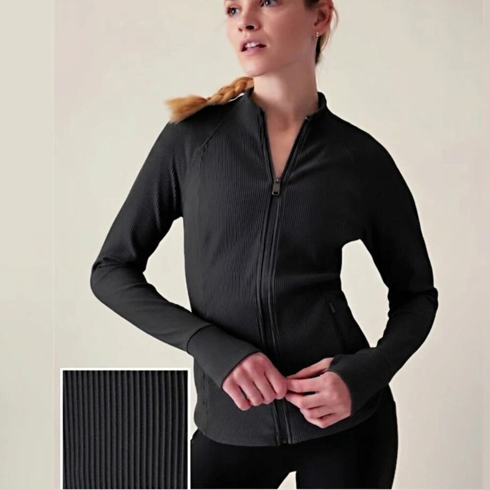 Athleta Salutation Ribbed Thumbhole Full Zip Jacket Athleisure Black Size Large